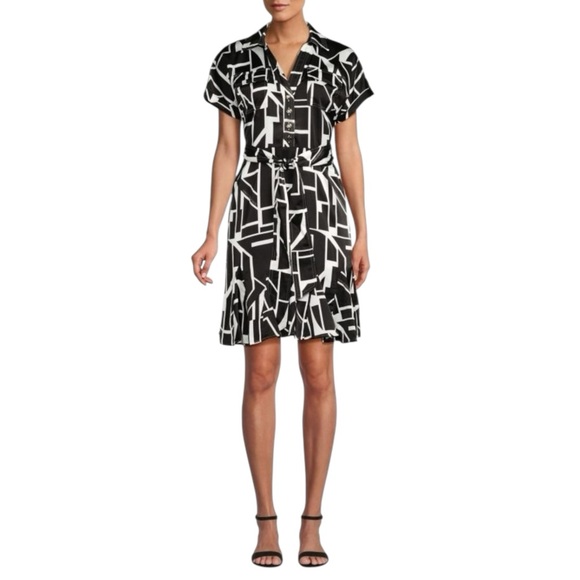 Karl Lagerfeld Paris Black White Geometric Print Belted Satin Minidress 10 NWT - Picture 1 of 15